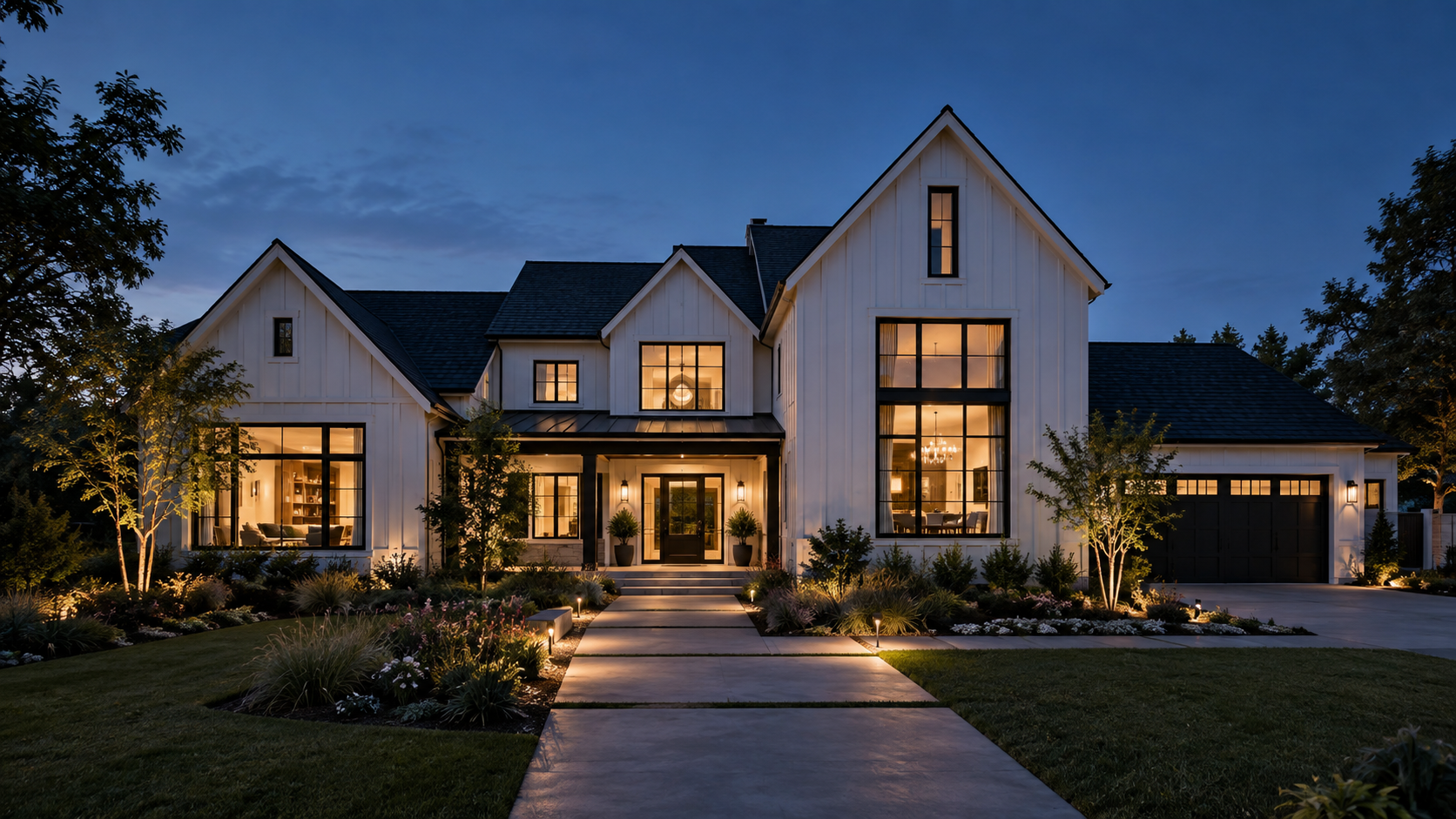 Contemporary home exterior with white siding and a concrete entry, shown as design inspiration